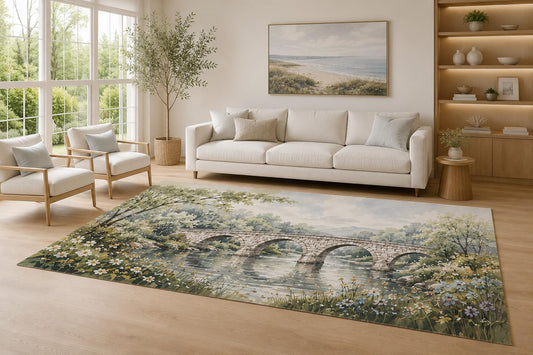 ICE ARMOR Large 6'7" x 9'10" Sage Green and Cream Stone Bridge Area Rug for Living Room, Soft Low Pile Carpet with Non-Slip Silicone Backing, Decor for Bedroom and Home Office