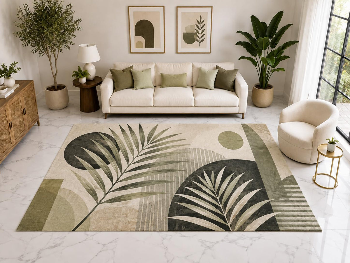ICE ARMOR Large 6'7" x 9'10" Modern Palm Leaf Area Rug, Soft Low Pile Indoor Rug with Non-Slip Silicone Backing for Living Room Bedroom Office, Green