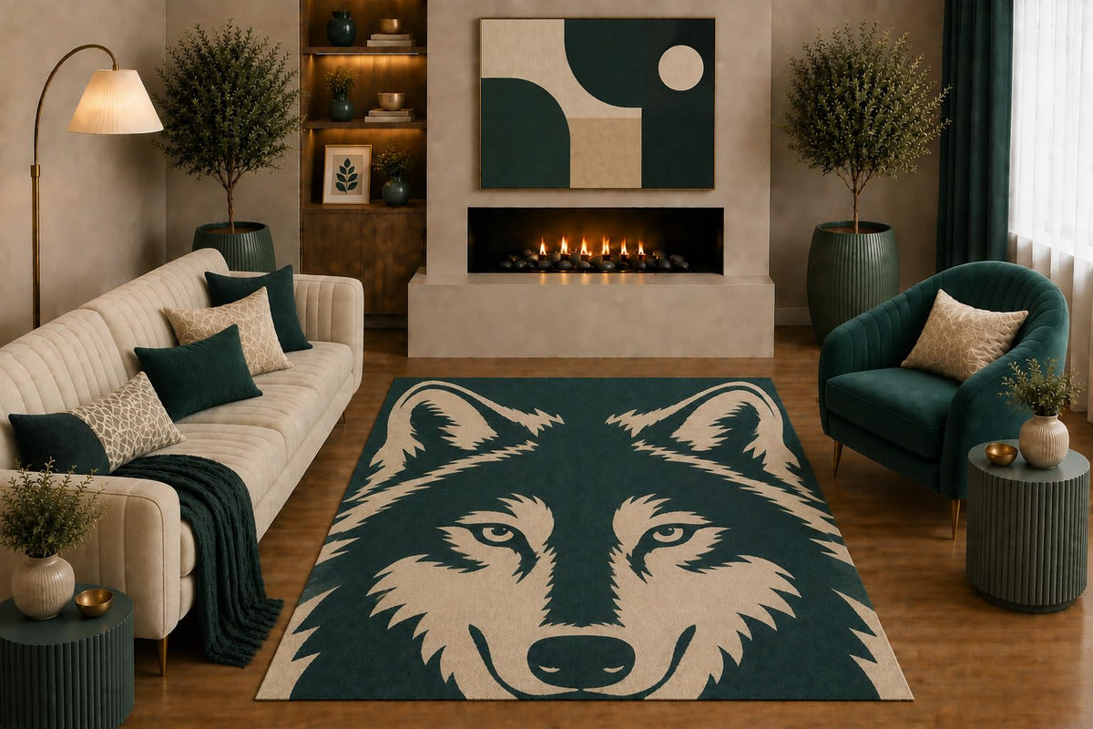 ICE ARMOR "Ultra Light Weight 5' x 7' Wolf Face Area Rug Modern Minimalist Wildlife Portrait for Living Room Bedroom Office Cabin Decor Non-Slip Silicone Backing Low Pile