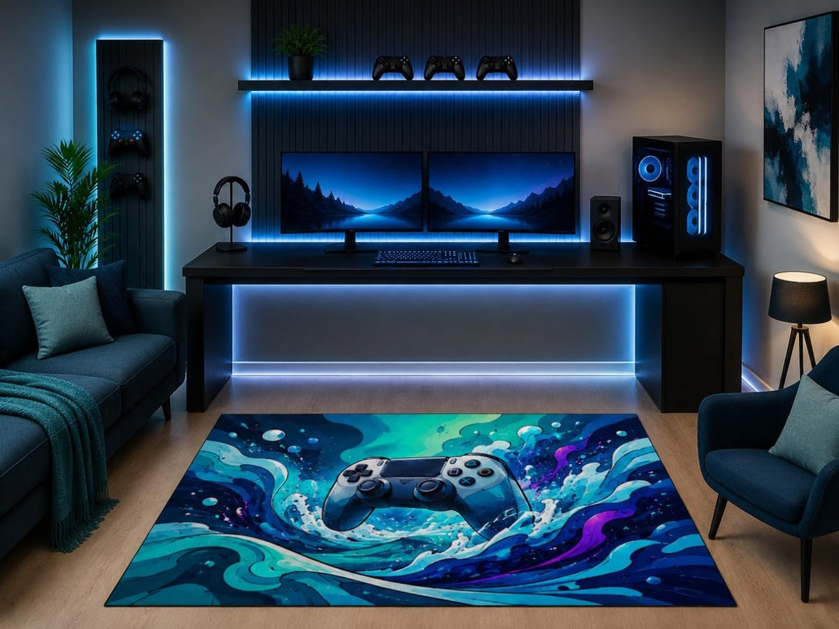 ICE ARMOR 5' x 7' Ocean Wave Gaming Controller Area Rug Abstract Water Art Gamer Bedroom Game Room Playroom Office Decor Non-Slip Silicone Backing Low Pile