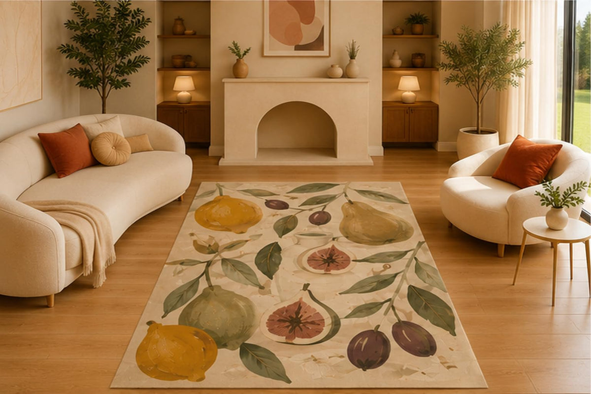 ICE ARMOR 5' x 7' Mediterranean Citrus Fruit Area Rug, Soft Low Pile Indoor Rug with Non-Slip Silicone Backing, Decorative Carpet for Living Room, Bedroom, Lemon Fig Olive