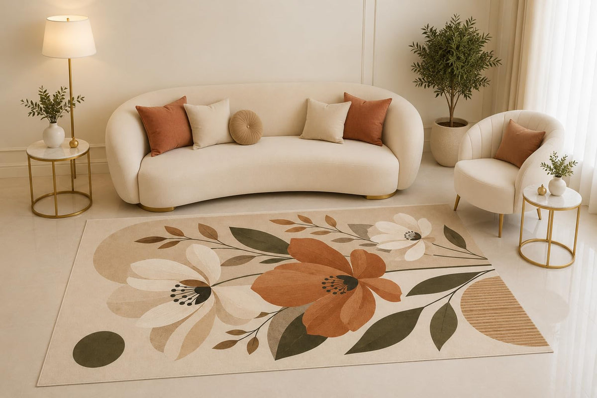 ICE ARMOR 5' x 7' Modern Floral Area Rug, Beige Terracotta Wildflower Botanical Design for Living Room Bedroom Dining Room Decor, Non-Slip Silicone Backing Low Pile