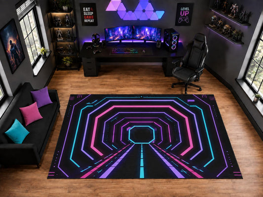 ICE ARMOR "Ultra Light Weight Large 6'7" x 9'10" Neon Octagon Tunnel Pattern Area Rug for Playroom Decor, Soft Low Pile Indoor Rug with Non-Slip Silicone Backing, Black Pink Blue