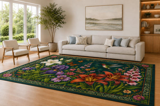 ICE ARMOR Large 6'7" x 9'10" Dark Green and Multi Color Lily Garden Accent Area Rug for Living Room, Soft Low Pile Carpet with Non-Slip Silicone Backing, Decor for Bedroom and Home Office