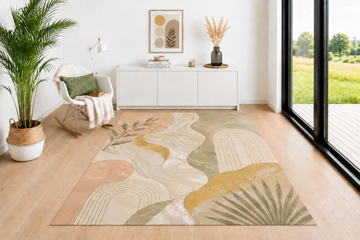 ICE ARMOR 5' x 7' Organic Area Rug, Leaf Arch Pattern in Sage Green Mustard Terracotta Beige, Neutral Floor Carpet for Living Room Bedroom Office Dining Room Decor