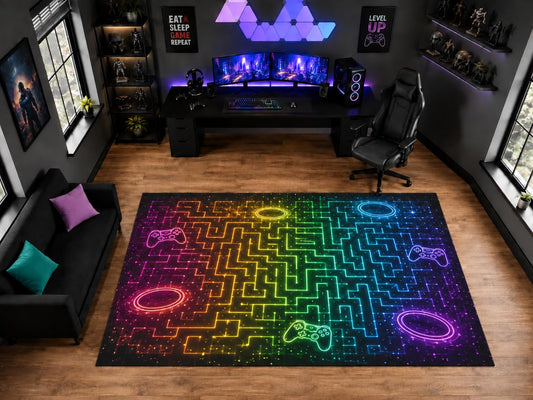 ICE ARMOR "Ultra Light Weight Large 6'7" x 9'10" Rainbow Neon Maze and Controller Area Rug for Gaming Room Decor, Soft Low Pile Indoor Rug with Non-Slip Silicone Backing, Multicolor
