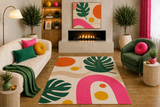ICE ARMOR "Ultra Light Weight 5' x 7' Tropical Boho Area Rug Hot Pink Green Orange Mustard Monstera Leaf Abstract Design for Living Room Bedroom Nursery Non-Slip Silicone Backing Low Pile