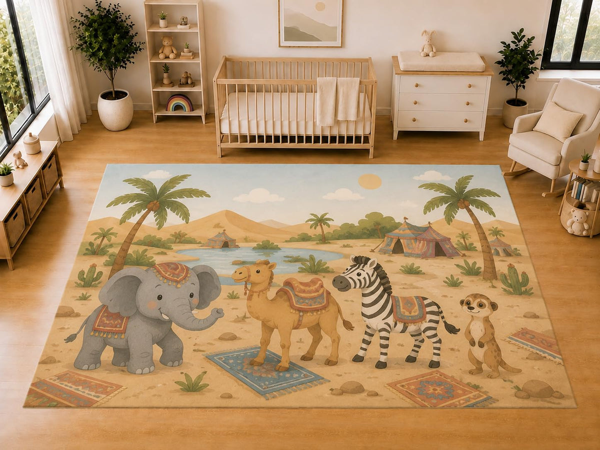 ICE ARMOR "Ultra Light Weight Large 6'7 x 9'10 Desert Safari Animals Area Rug for Kids Room Nursery Playroom Soft Low Pile Indoor Carpet Adventure Theme Floor Decor
