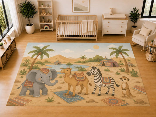 ICE ARMOR "Ultra Light Weight Large 6'7 x 9'10 Desert Safari Animals Area Rug for Kids Room Nursery Playroom Soft Low Pile Indoor Carpet Adventure Theme Floor Decor