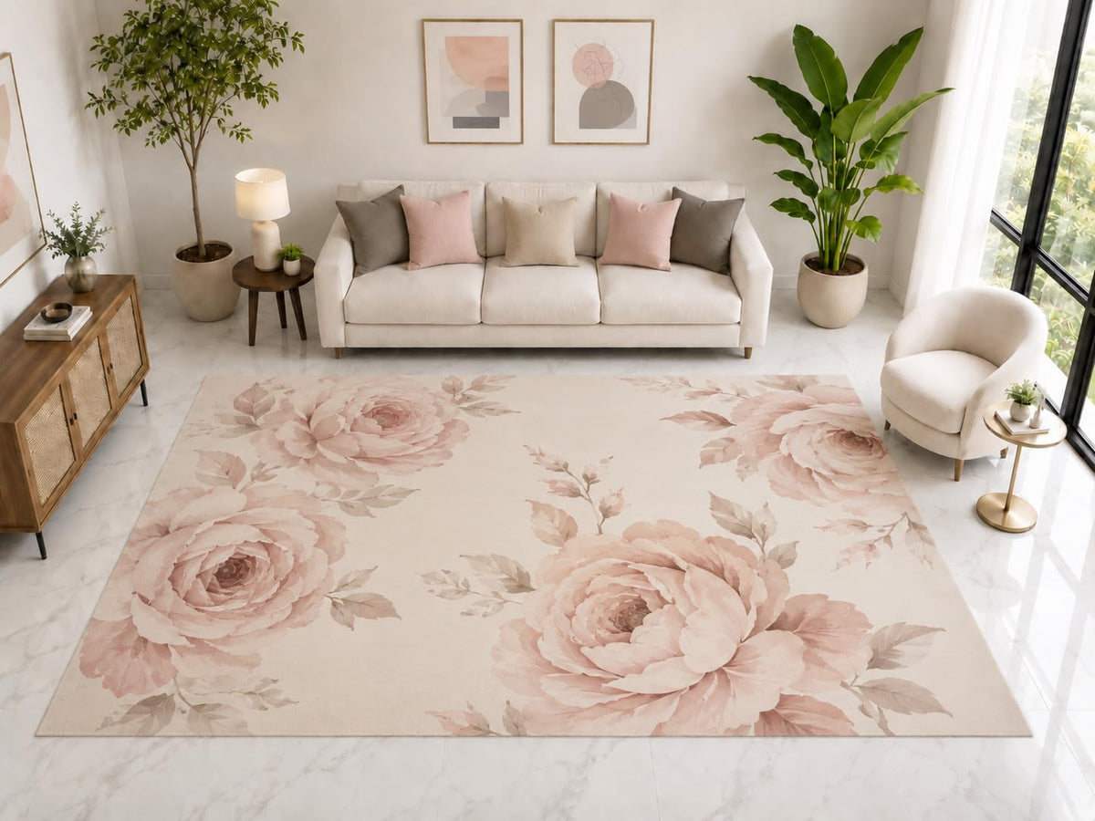 ICE ARMOR "Ultra Light Weight Large 6'7" x 9'10" Blush Rose Garden Rug, Soft Low Pile Indoor Rug, Non-Slip Silicone Backing for Bedroom Cream Pink
