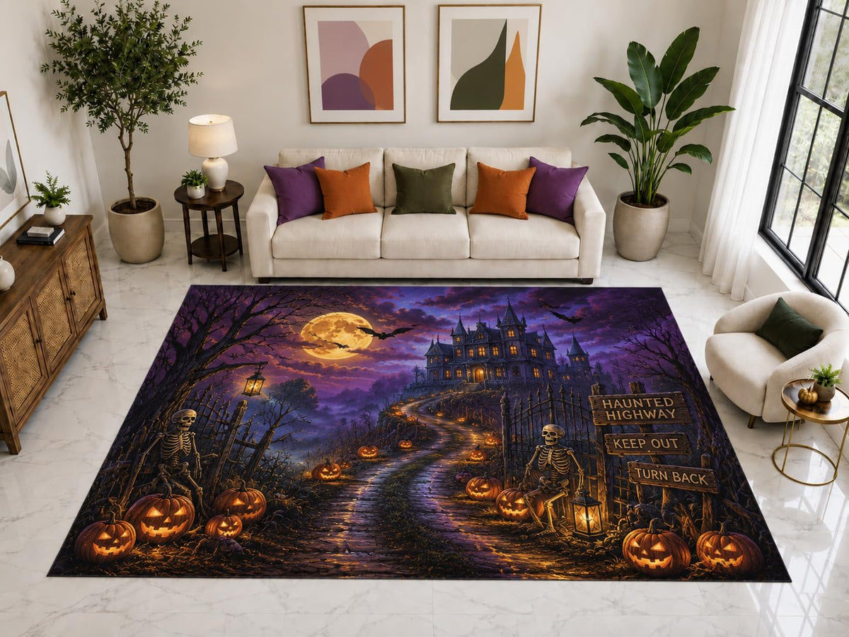 ICE ARMOR "Ultra Light Weight Large 6'7" x 9'10" Haunted Castle Road Rug, Soft Low Pile Indoor Rug, Non-Slip Silicone Backing for Family Room Purple