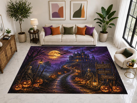 ICE ARMOR "Ultra Light Weight Large 6'7" x 9'10" Haunted Castle Road Rug, Soft Low Pile Indoor Rug, Non-Slip Silicone Backing for Family Room Purple