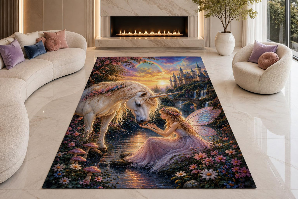 ICE ARMOR "Ultra Lightweight Large 6'7" x 9'10" Unicorn Fairy Garden Area Rug for Living Room, Bedroom and Home Office, Soft Low Pile Carpet with Non-Slip Silicone Backing, Purple and Blue