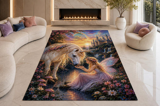 ICE ARMOR "Ultra Lightweight Large 6'7" x 9'10" Unicorn Fairy Garden Area Rug for Living Room, Bedroom and Home Office, Soft Low Pile Carpet with Non-Slip Silicone Backing, Purple and Blue