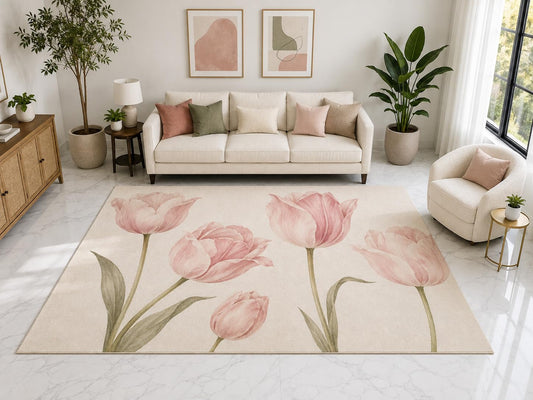 ICE ARMOR "Ultra Light Weight Large 6'7" x 9'10" Tulip Garden Floral Rug, Soft Low Pile Indoor Rug, Non-Slip Silicone Backing for Living Room Pink