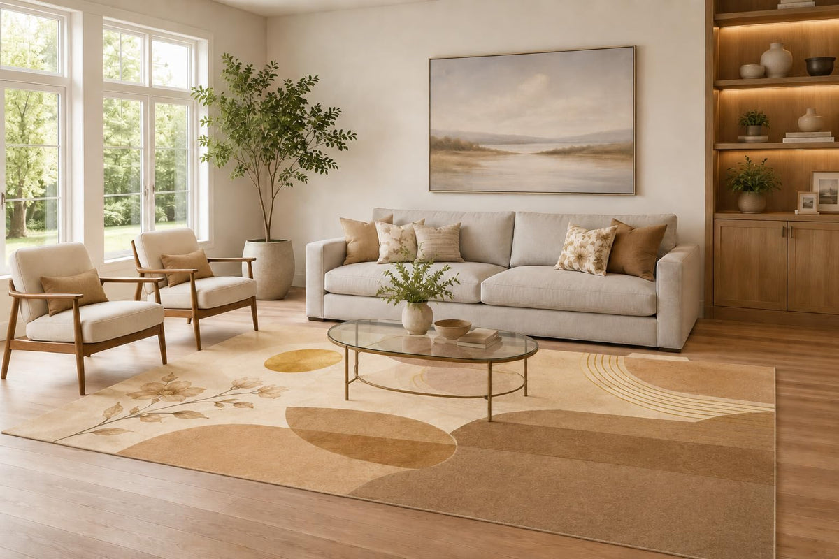 ICE ARMOR Large 6'7" x 9'10" Tan and Cream Botanical Circles Area Rug for Living Room, Soft Low Pile Carpet with Non-Slip Silicone Backing, Decor for Bedroom and Home Office