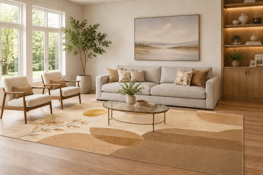 ICE ARMOR Large 6'7" x 9'10" Tan and Cream Botanical Circles Area Rug for Living Room, Soft Low Pile Carpet with Non-Slip Silicone Backing, Decor for Bedroom and Home Office