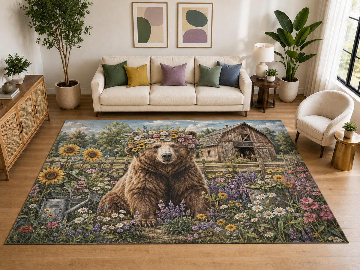 ICE ARMOR "Ultra Light Weight Large 6'7" x 9'10" Bear Floral Crown Barn Area Rug, Soft Low Pile Indoor Rug, Non-Slip Silicone Backing, Bedroom, Brown