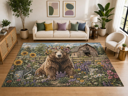 ICE ARMOR "Ultra Light Weight Large 6'7" x 9'10" Bear Floral Crown Barn Area Rug, Soft Low Pile Indoor Rug, Non-Slip Silicone Backing, Bedroom, Brown