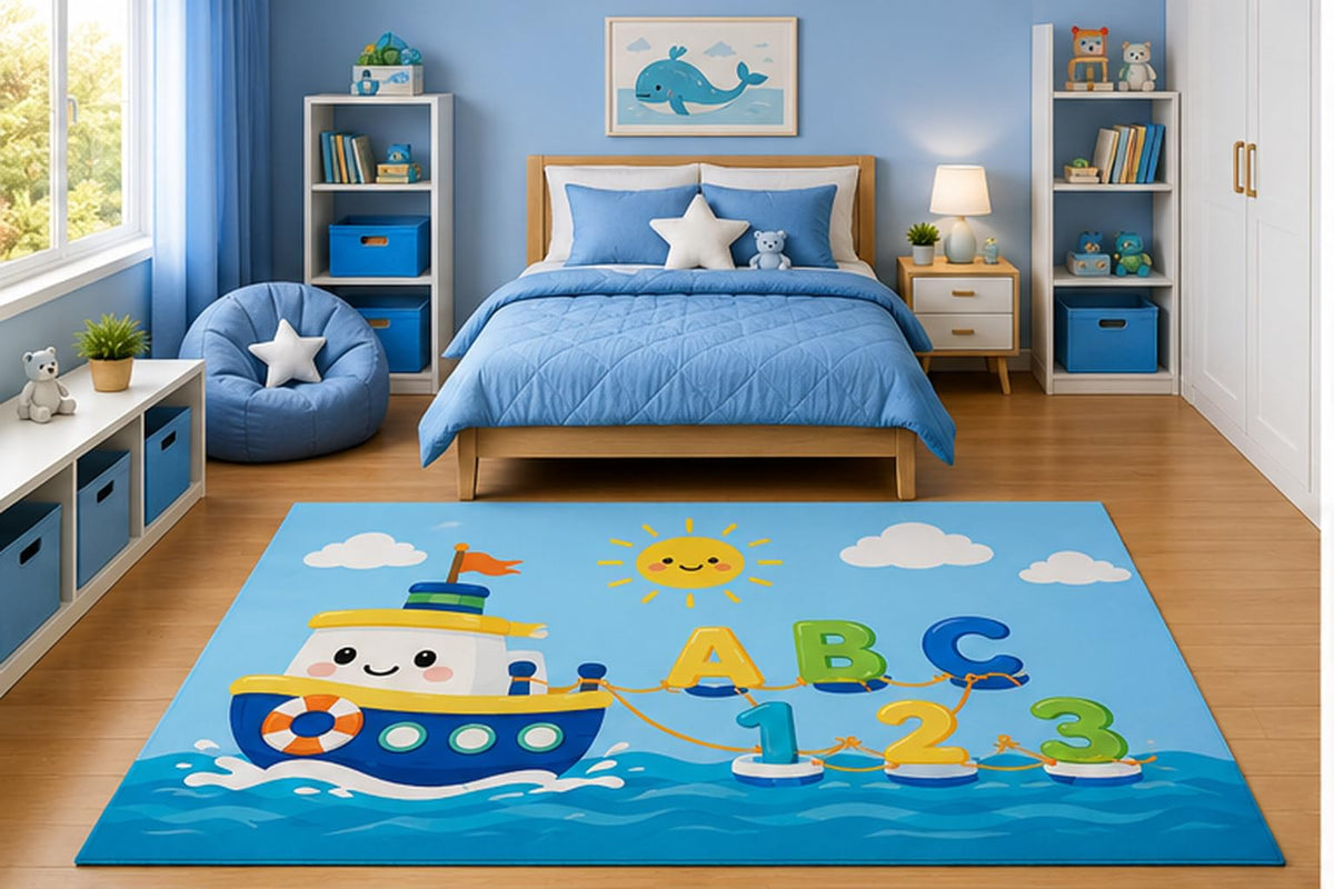 ICE ARMOR 5' x 7' Educational Tugboat ABC 123 Area Rug for Kids Bedroom Nursery Playroom Scandinavian Minimalist Learning Ocean Decor Non-Slip Silicone Backing Low Pile