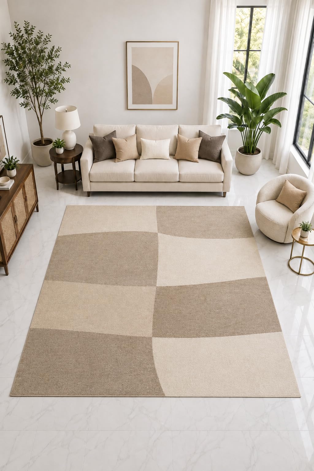 ICE ARMOR "Ultra Light Weight Large 6'7" x 9'10" Curved Block Rug, Soft Low Pile Indoor Rug, Non-Slip Silicone Backing Living Room Bedroom Beige