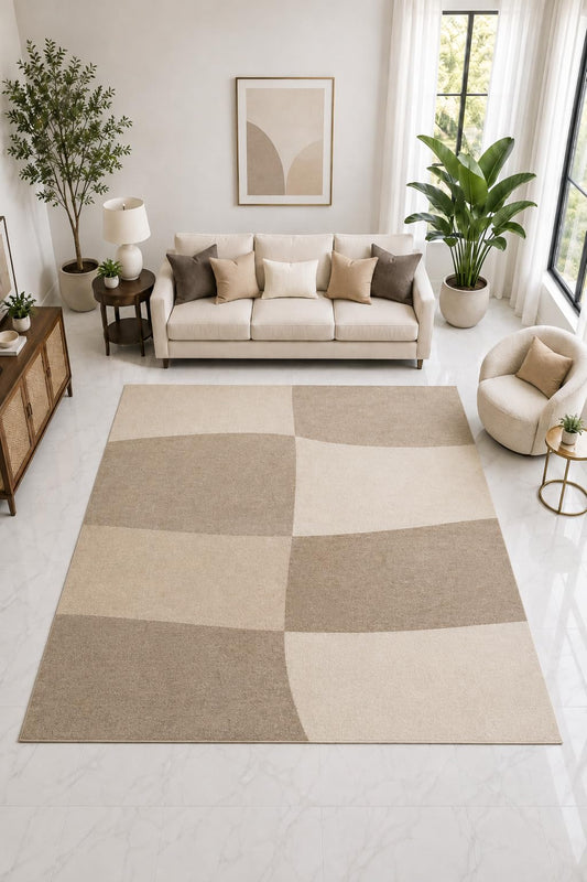 ICE ARMOR "Ultra Light Weight Large 6'7" x 9'10" Curved Block Rug, Soft Low Pile Indoor Rug, Non-Slip Silicone Backing Living Room Bedroom Beige