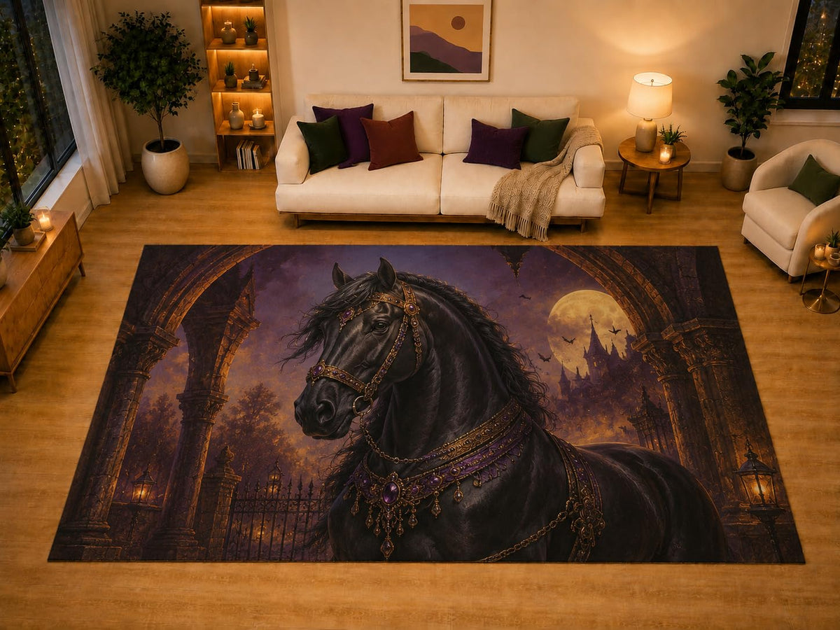 ICE ARMOR "Ultra Light Weight Large 6'7" x 9'10" Black Horse Gothic Area Rug for Living Room Bedroom Dining Area, Soft Low Pile Non-Slip Backing, Purple Black Dark Fantasy Decor