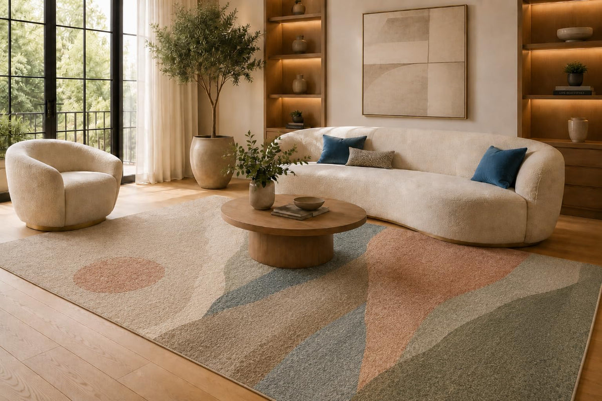 ICE ARMOR 6'7" x 9'10" Pink and Blue Modern Organic Shapes Area Rug for Living Room, Soft Low Pile Carpet with Non-Slip Silicone Backing, Floor Decor for Bedroom, Dining Area and Home Office