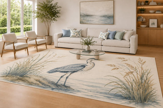ICE ARMOR Large 6'7" x 9'10" Blue Gray and Cream Crane Nature Area Rug for Living Room, Soft Low Pile Carpet with Non-Slip Silicone Backing, Water Bird Decor for Bedroom Home Office