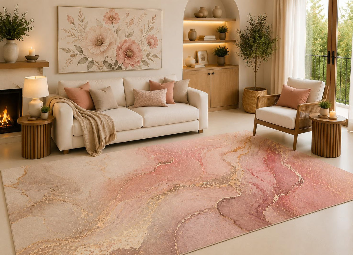 ICE ARMOR 6'7" x 9'10" Blush Rose Marble Area Rug for Living Room, Soft Low Pile Carpet with Non-Slip Silicone Backing, for Bedroom, Dining Area and Office, Pink, Durable, Modern Room Accent