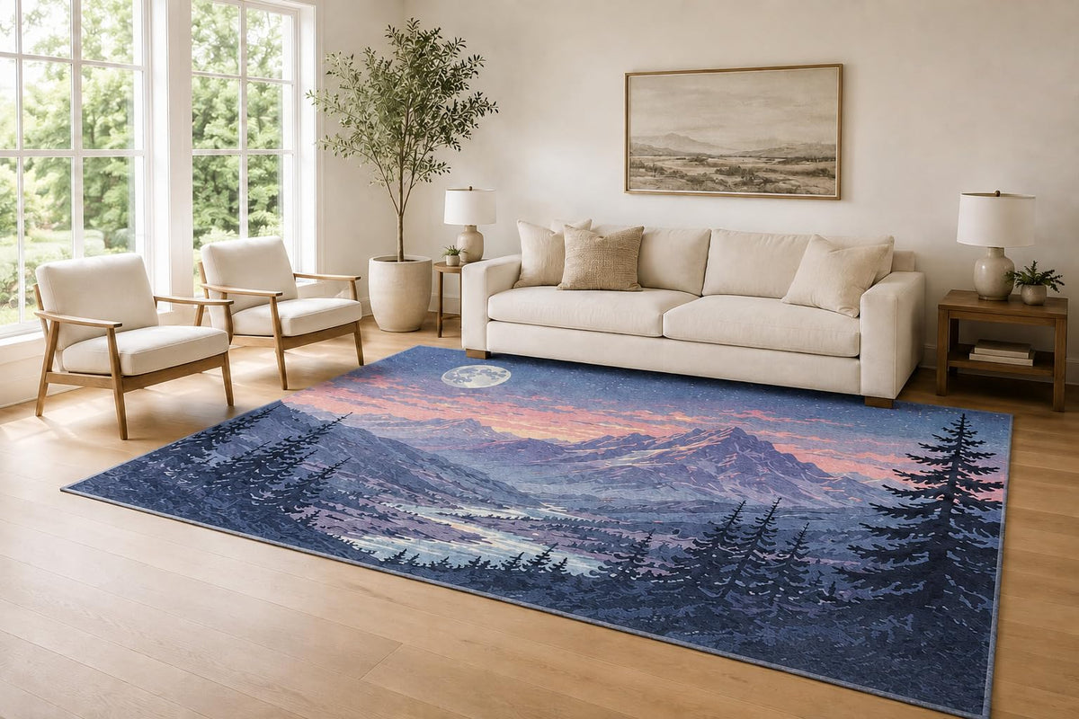 ICE ARMOR Large 6'7" x 9'10" Navy and Lavender Moonlit Mountains Area Rug for Living Room, Soft Low Pile Carpet with Non-Slip Silicone Backing, Decor for Bedroom and Home Office