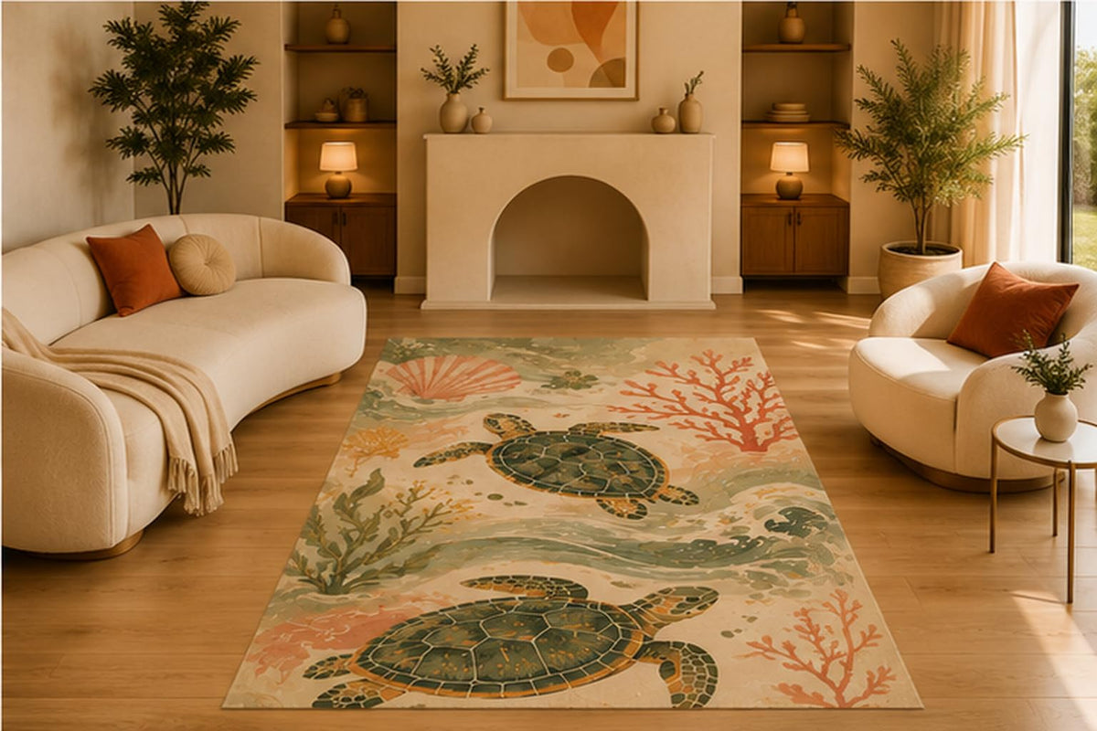 ICE ARMOR 5' x 7' Sea Turtle Coastal Reef Area Rug, Soft Low Pile Indoor Rug with Non-Slip Silicone Backing, Decorative Carpet for Living Room, Bedroom, Ocean