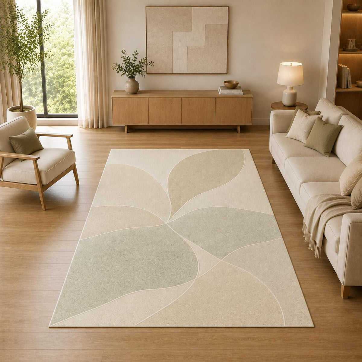 ICE ARMOR 5' x 7' Abstract Floral Pinwheel Area Rug for Living Room, Soft Low Pile Indoor Rug with Non-Slip Silicone Backing, Decorative Carpet for Bedroom, Family Room, Sage Green