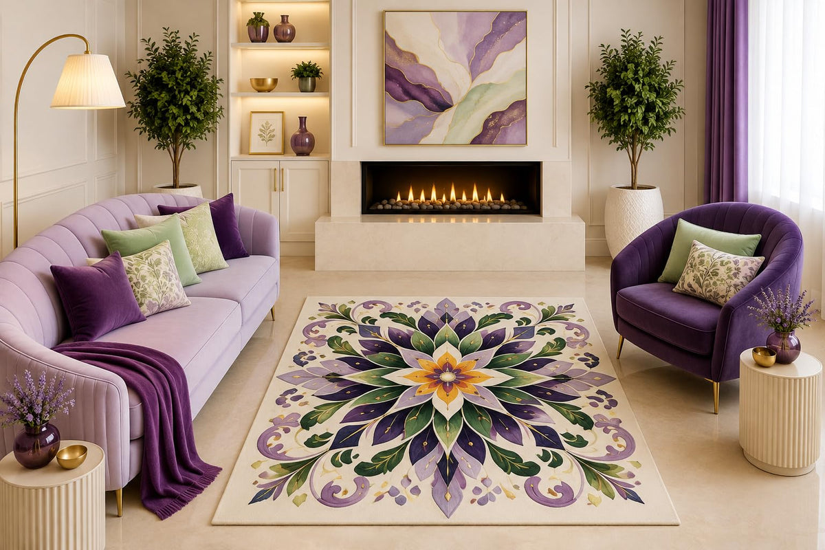 ICE ARMOR "Ultra Light Weight 5' x 7' Purple Green Floral Mandala Area Rug Elegant Botanical Medallion Living Room Bedroom Dining Room Non-Slip Silicone Backing Low Pile