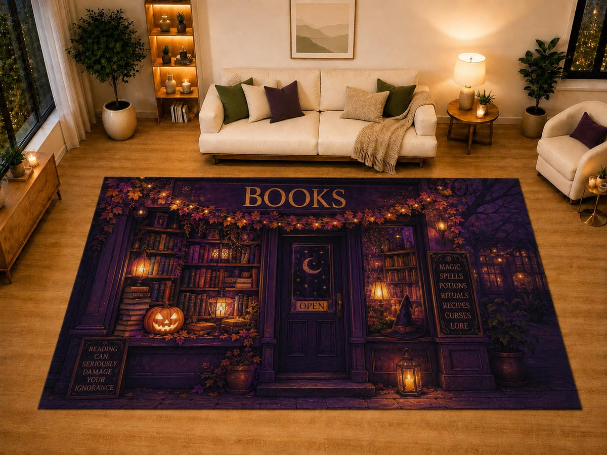 ICE ARMOR "Ultra Light Weight Large 6'7" x 9'10" Halloween Bookstore Area Rug for Living Room Bedroom Dining Area, Soft Low Pile Non-Slip Backing, Purple Orange Black Witchy Library Decor