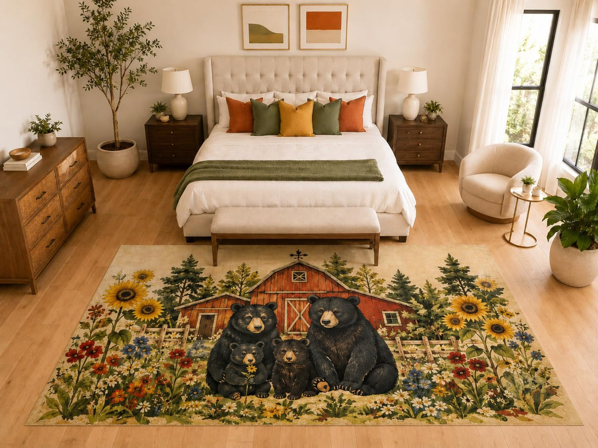 ICE ARMOR "Ultra Light Weight Large 6'7" x 9'10" Bear Family Barn Area Rug, Soft Low Pile Indoor Rug, Non-Slip Silicone Backing, Living Room, Beige