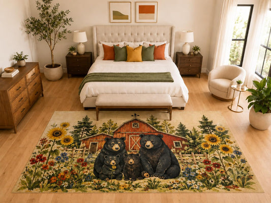 ICE ARMOR "Ultra Light Weight Large 6'7" x 9'10" Bear Family Barn Area Rug, Soft Low Pile Indoor Rug, Non-Slip Silicone Backing, Living Room, Beige