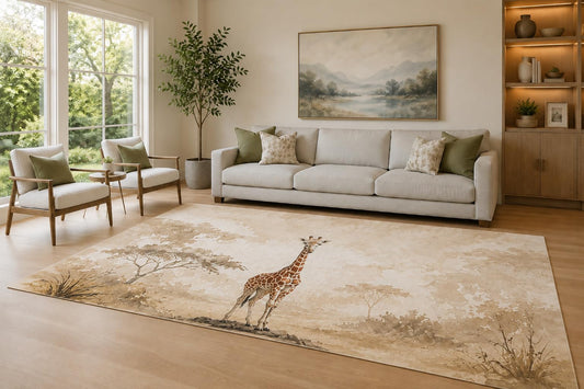 ICE ARMOR Large 6'7" x 9'10" Taupe and Cream Safari Giraffe Area Rug for Living Room, Soft Low Pile Carpet with Non-Slip Silicone Backing, Decor for Bedroom and Home Office