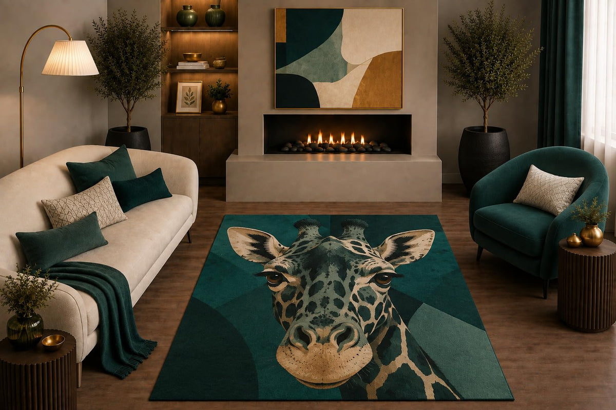 ICE ARMOR "Ultra Light Weight 5' x 7' Giraffe Face Area Rug Modern Geometric Safari Animal Portrait for Living Room Bedroom Nursery Office Decor Non-Slip Silicone Backing Low Pile