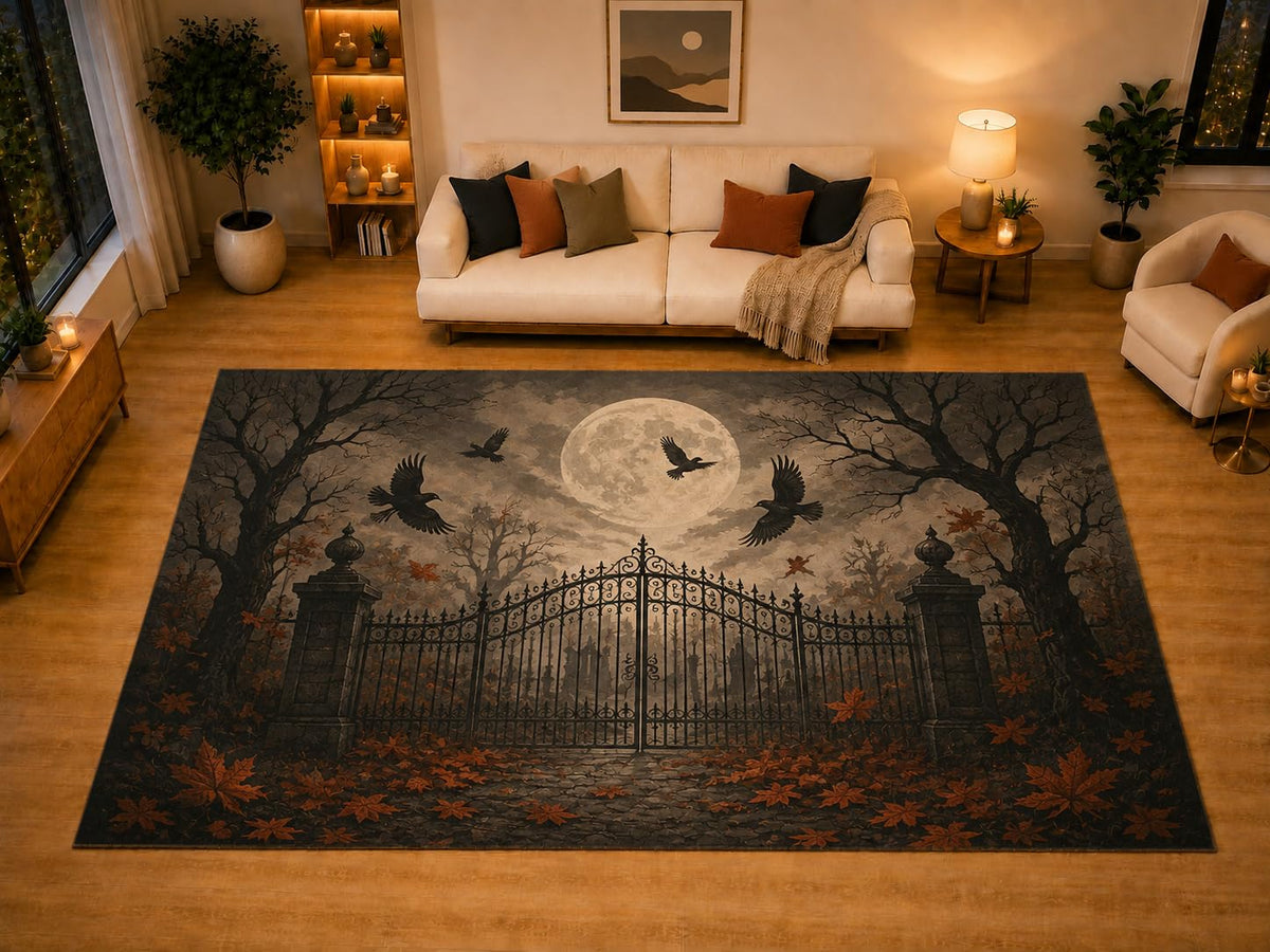 ICE ARMOR "Ultra Light Weight Large 6'7" x 9'10" Cemetery Gate Full Moon Area Rug for Living Room Bedroom, Soft Low Pile Non-Slip Backing, Black Brown Raven Gothic Halloween Decor