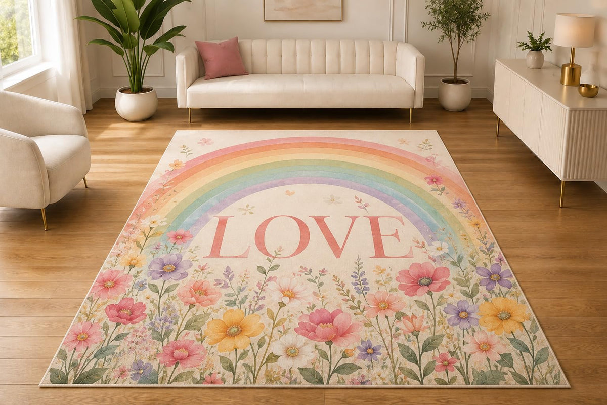ICE ARMOR 5' x 7' Rainbow Wildflower Love Area Rug, Soft Low Pile Indoor Rug with Non-Slip Silicone Backing for Nursery, Kids Room, Playroom, Bedroom, Kids & Pets, Cream Multicolor