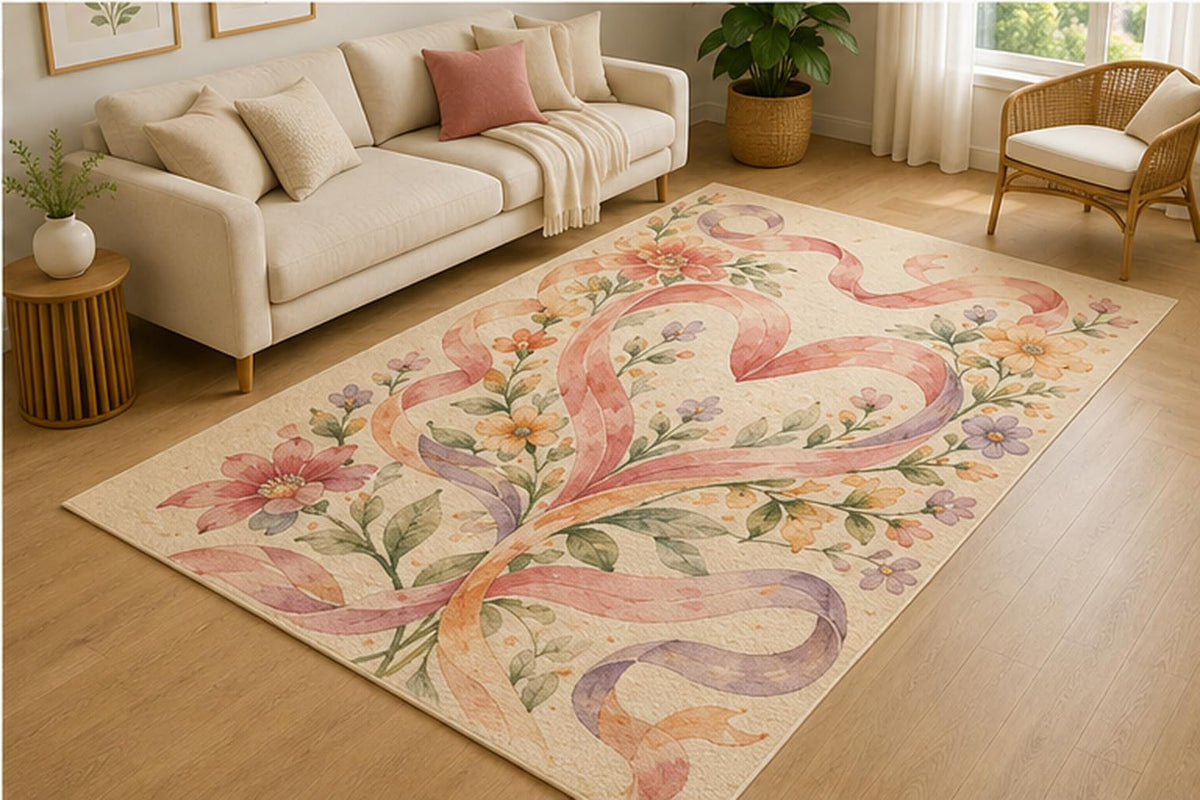 ICE ARMOR 5' x 7' Floral Ribbon Heart Area Rug for Living Room, Soft Low Pile Indoor Rug with Non-Slip Silicone Backing, Decorative Carpet for Bedroom, Dining Room, Office, Family Room, Cream Pastel