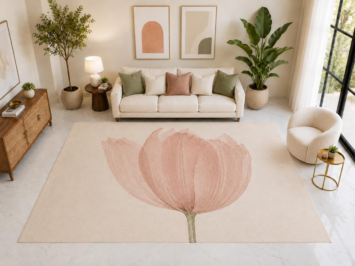 ICE ARMOR "Ultra Light Weight Large 6'7" x 9'10" Centered Pink Tulip Rug, Soft Low Pile Indoor Rug, Non-Slip Silicone Backing for Living Room Pink