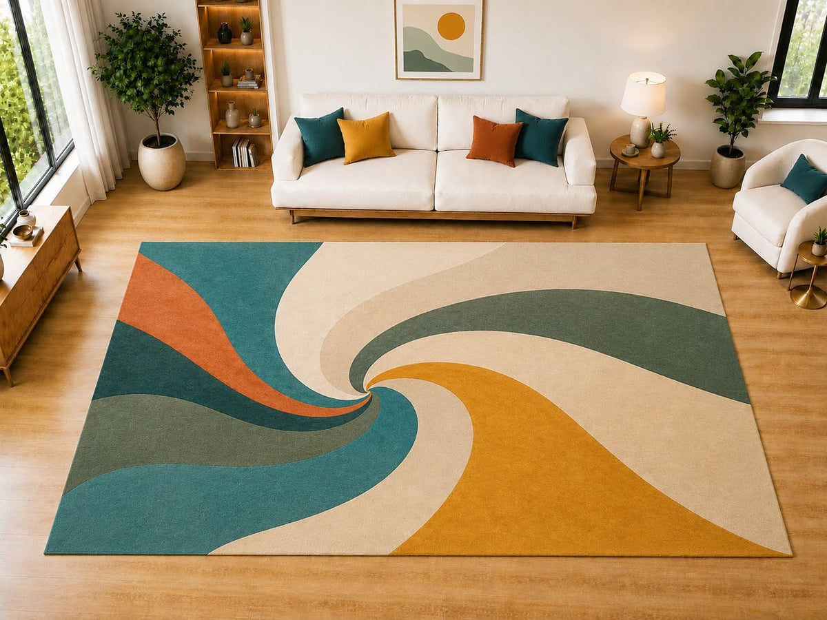 ICE ARMOR "Ultra Light Weight Large 6'7 x 9'10 Retro Spiral Swirl Area Rug for Living Room, Dining Room, and Bedroom, Soft Low Pile Indoor Rug, Mid Century Floor Decor