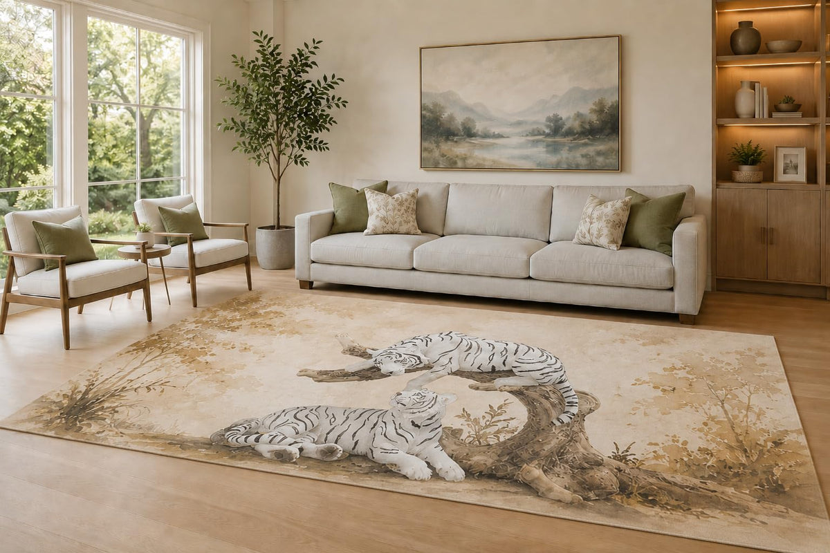 ICE ARMOR Large 6'7" x 9'10" Taupe and Cream White Tiger Area Rug for Living Room, Soft Low Pile Carpet with Non-Slip Silicone Backing, Decor for Bedroom and Home Office