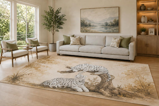 ICE ARMOR Large 6'7" x 9'10" Taupe and Cream White Tiger Area Rug for Living Room, Soft Low Pile Carpet with Non-Slip Silicone Backing, Decor for Bedroom and Home Office