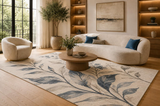 ICE ARMOR 6'7" x 9'10" Blue and Cream Botanical Branch Area Rug for Living Room, Soft Low Pile Carpet with Non-Slip Silicone Backing, Floor Decor for Bedroom, Dining Area and Home Office