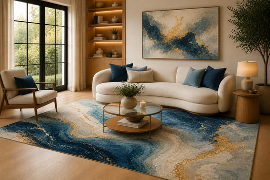ICE ARMOR 6'7" x 9'10" Deep Blue, Sky Blue and Beige Marble Flow Area Rug for Living Room, Soft Low Pile Carpet with Non-Slip Backing for Bedroom, Dining Room and Home Office