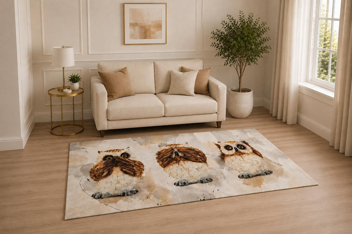 ICE ARMOR "Ultra Light Weight 5' x 7' Whimsical Owl Trio Area Rug for Living Room, Bedroom and Home Office, Soft Low Pile Carpet with Non-Slip Silicone Backing, Cream and Brown