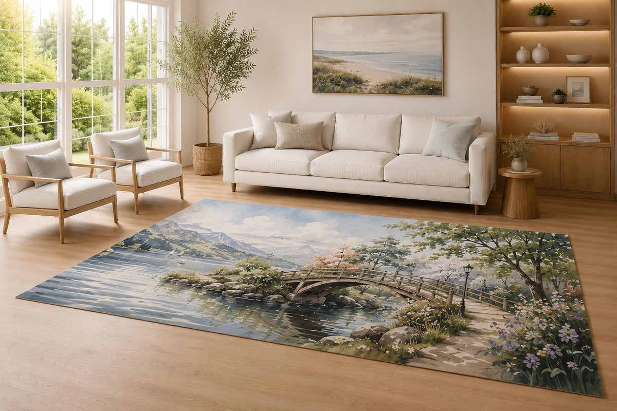 ICE ARMOR Large 6'7" x 9'10" Blue and Sage Garden Bridge Area Rug for Living Room, Soft Low Pile Carpet with Non-Slip Silicone Backing, Decor for Bedroom and Home Office